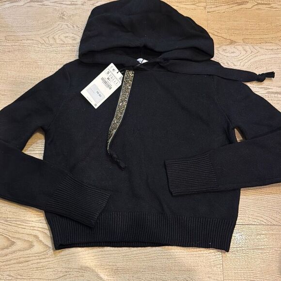 NWT Zara knitwear cropped sweater hoodie black rhinestoned drawstrings size smal - Picture 1 of 7